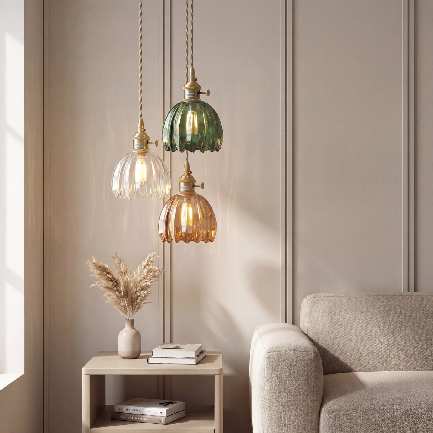 Glass pendant lamp featuring a minimalist Japanese design, adjustable height, perfect for modern kitchen lighting. 1