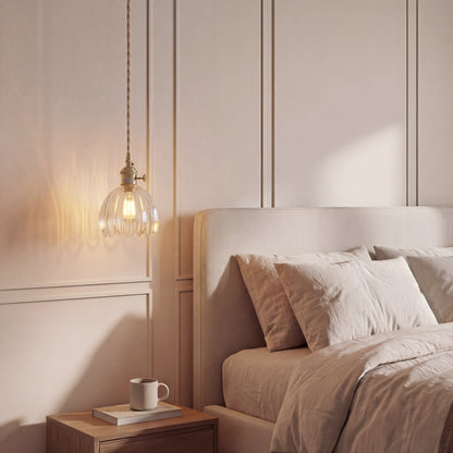 Glass pendant lamp featuring a minimalist Japanese design, adjustable height, perfect for modern kitchen lighting. 5