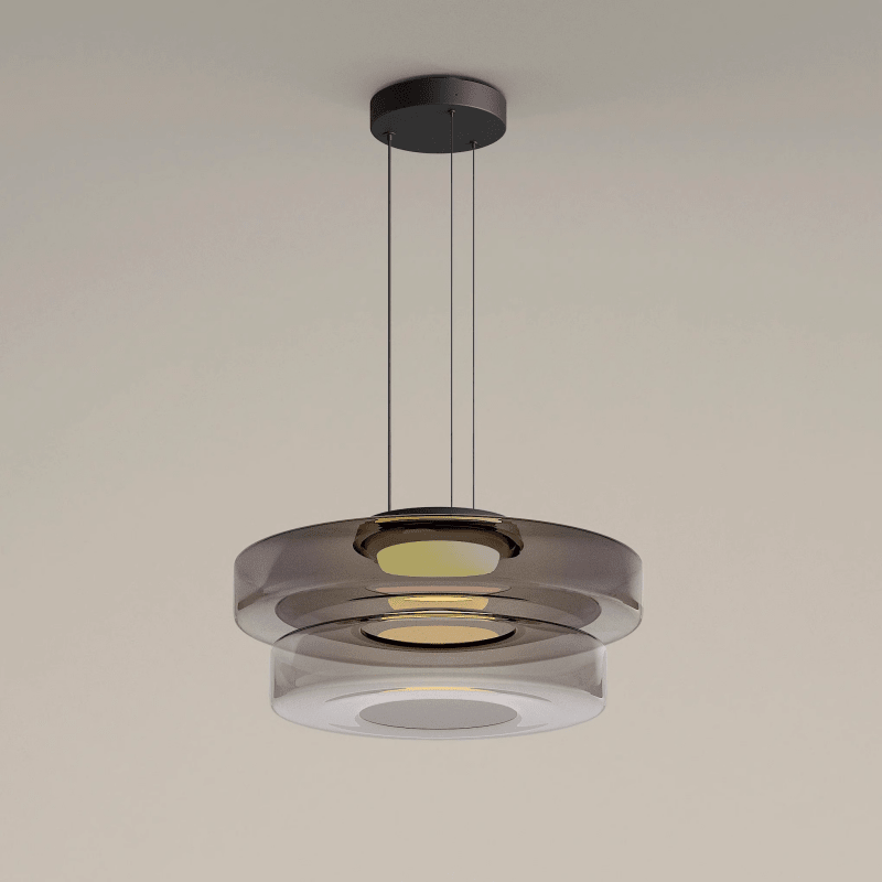 Elegant glass pendant lamp featuring a Bauhaus design, perfect for kitchen lighting, available in smoke grey, green, or orange. 12