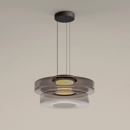 Elegant glass pendant lamp featuring a Bauhaus design, perfect for kitchen lighting, available in smoke grey, green, or orange. 12
