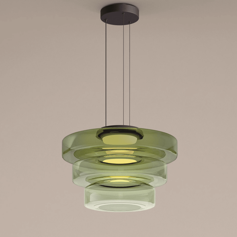 Elegant glass pendant lamp featuring a Bauhaus design, perfect for kitchen lighting, available in smoke grey, green, or orange. 13