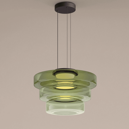 Elegant glass pendant lamp featuring a Bauhaus design, perfect for kitchen lighting, available in smoke grey, green, or orange. 13