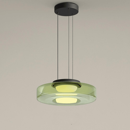 Elegant glass pendant lamp featuring a Bauhaus design, perfect for kitchen lighting, available in smoke grey, green, or orange. 11