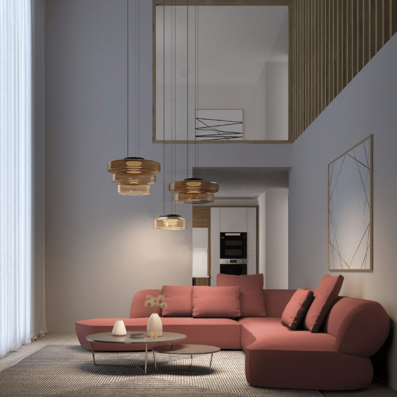 Elegant glass pendant lamp featuring a Bauhaus design, perfect for kitchen lighting, available in smoke grey, green, or orange. 6