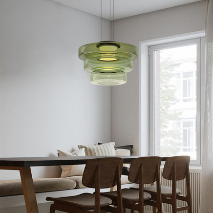 Elegant glass pendant lamp featuring a Bauhaus design, perfect for kitchen lighting, available in smoke grey, green, or orange. 16