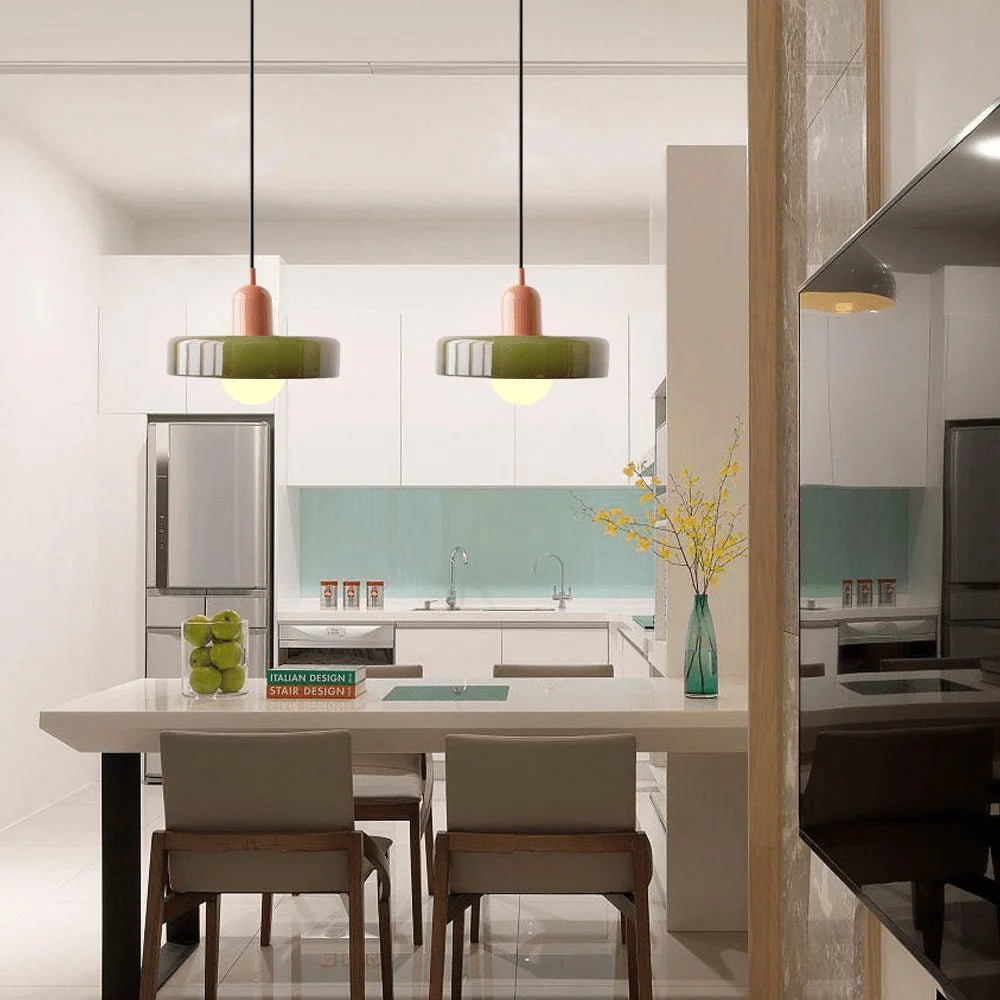 Glass pendant light with adjustable drop for kitchen island, featuring a modern retro design available in multiple colors, perfect for enhancing your culinary space. 26