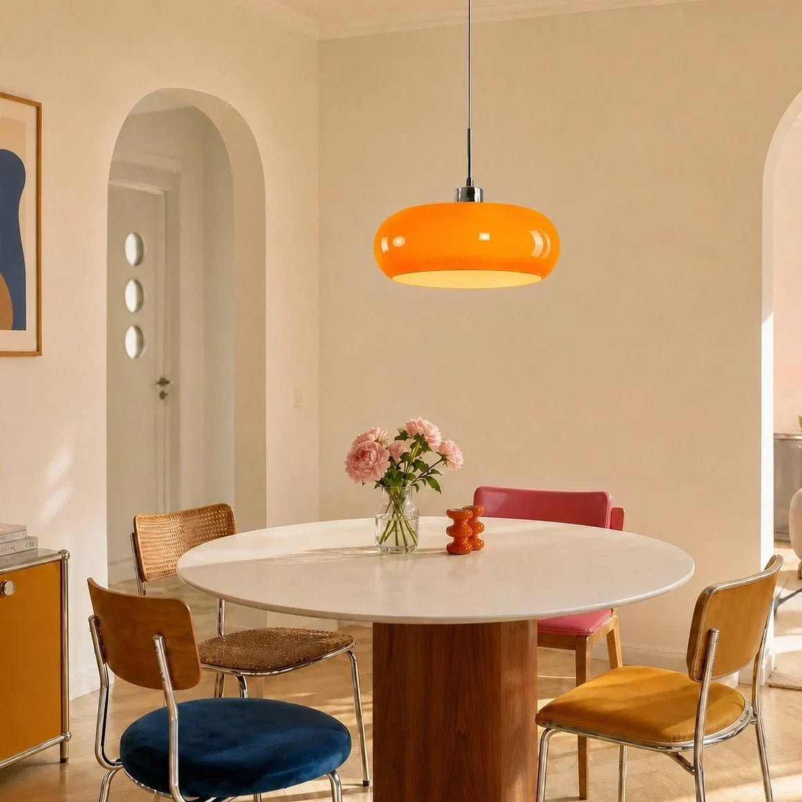 Glass pendant light featuring a minimalist Bauhaus design, perfect for illuminating kitchen islands and enhancing modern interior spaces. 1