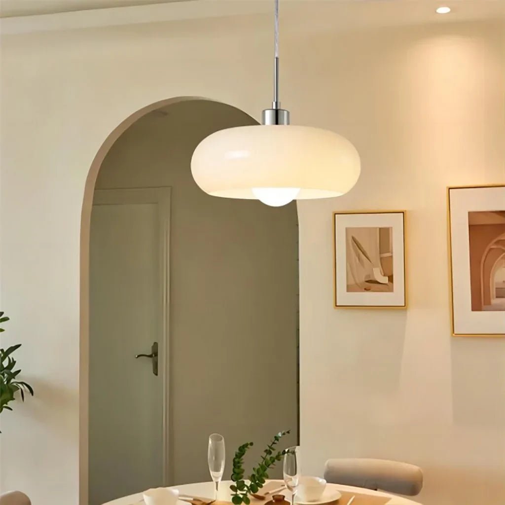 Glass pendant light featuring a minimalist Bauhaus design, perfect for illuminating kitchen islands and enhancing modern interior spaces. 0