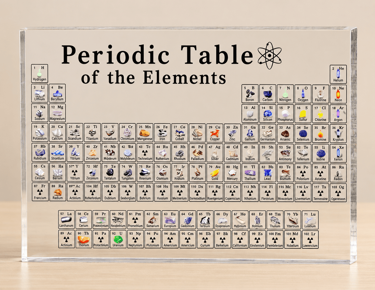 Glass Periodic Table Display with Real Element Samples – Educational Chemistry Decor for Classroom and Study