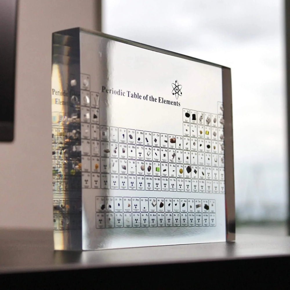 Glass periodic table display featuring real element samples, ideal for educational chemistry decor in classrooms and study spaces. 3