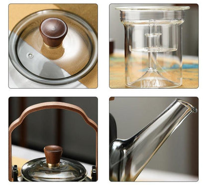 Elegant smoked glass teapot with infuser and wooden lid, perfect for brewing 1.2L of tea, combining style and functionality. 5