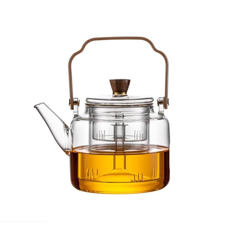 Elegant smoked glass teapot with infuser and wooden lid, perfect for brewing 1.2L of tea, combining style and functionality. 7