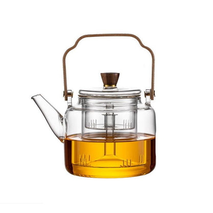 Elegant smoked glass teapot with infuser and wooden lid, perfect for brewing 1.2L of tea, combining style and functionality. 7
