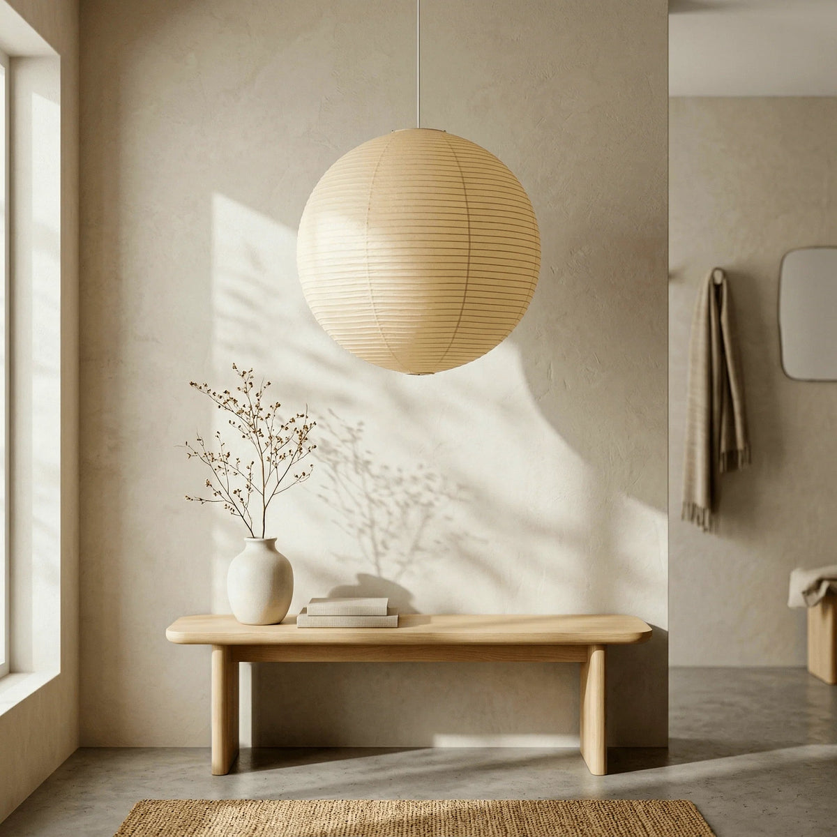 Modern black globe pendant light featuring an adjustable cord and elegant washi paper shade, perfect for enhancing indoor spaces with a contemporary touch. 3