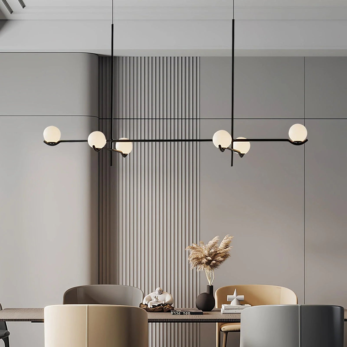 Globe pendant light featuring a modern white glass shade and sleek metal design, adjustable height for kitchen island or dining room illumination. 7