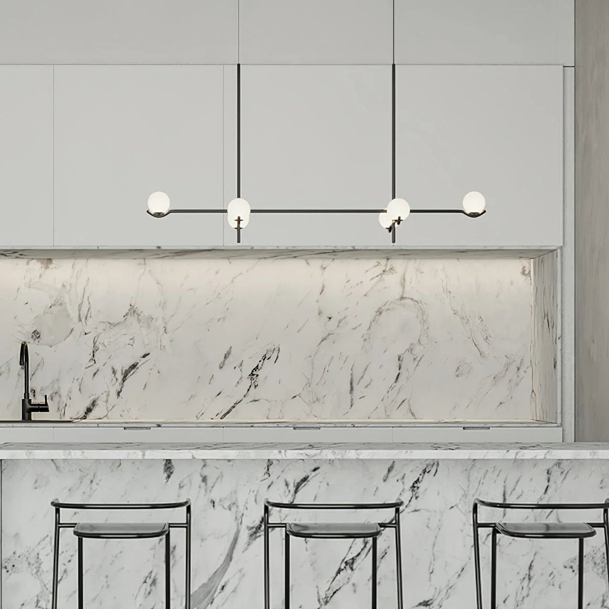 Globe pendant light featuring a modern white glass shade and sleek metal design, adjustable height for kitchen island or dining room illumination. 8