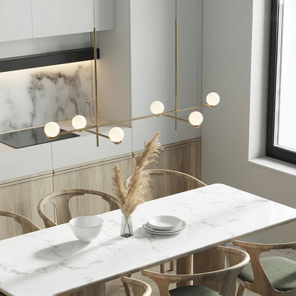 Globe pendant light featuring a modern white glass shade and sleek metal design, adjustable height for kitchen island or dining room illumination. 4