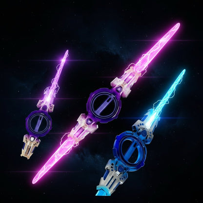 Glowing action sword with retractable blade and sound effects, featuring vibrant purple and blue lights, designed for kids' imaginative play. 6
