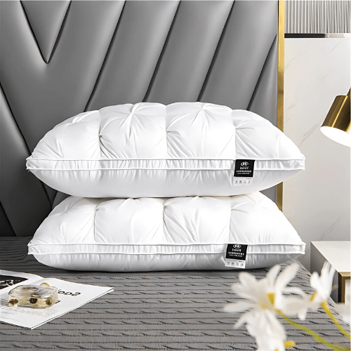 Goose down pillow designed for neck pain relief, featuring hypoallergenic support, breathable comfort, and a soft, adaptable design. 0