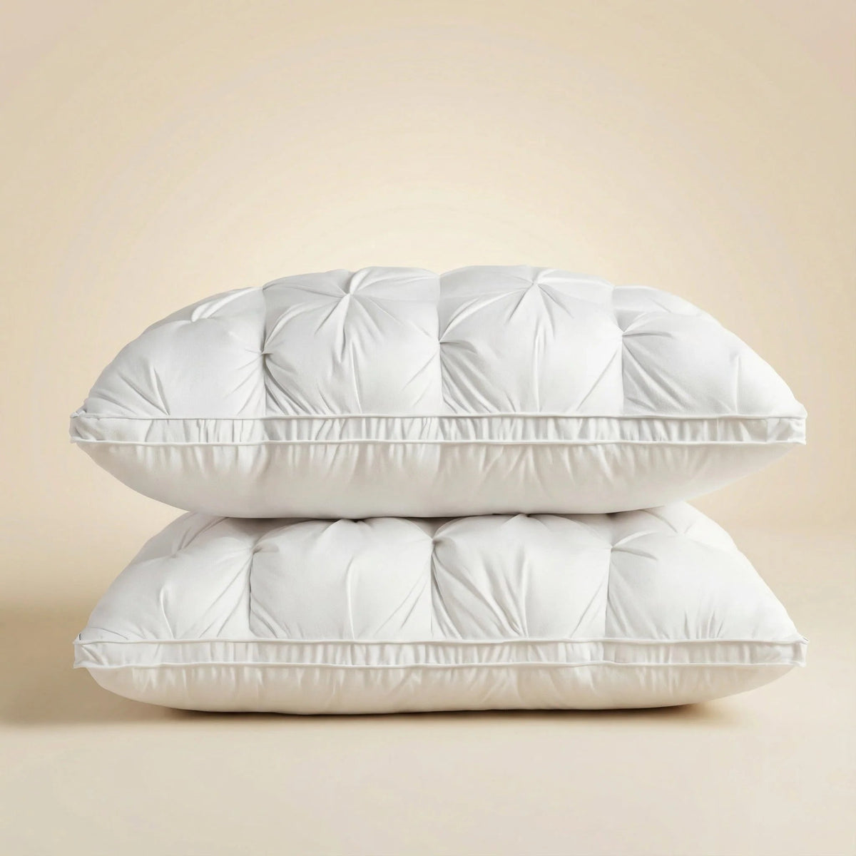 Goose down pillow with breathable cotton cover, designed for all sleep positions, offering soft support and machine washable convenience. 0