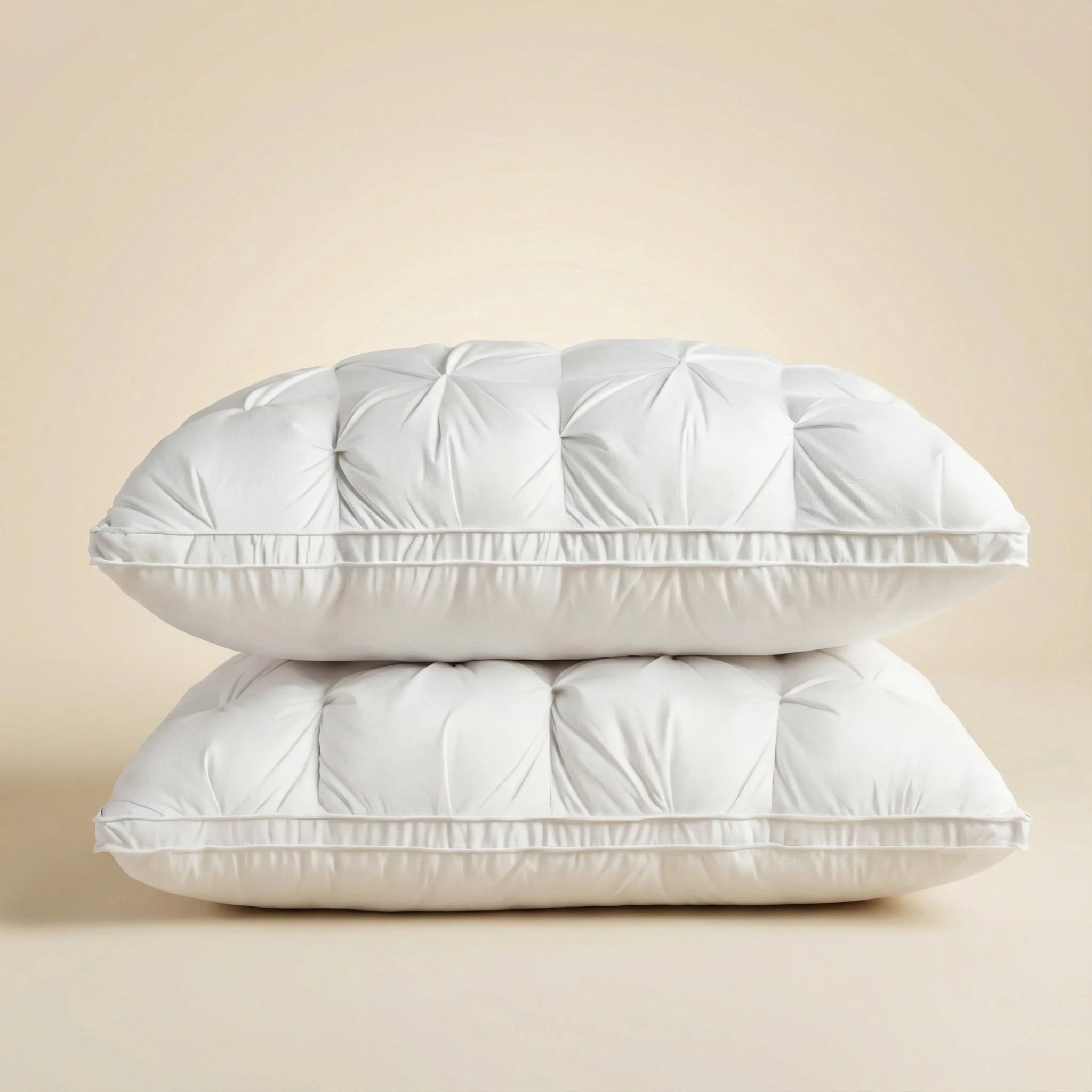 Goose down pillow with breathable cotton cover, designed for all sleep positions, offering soft support and machine washable convenience. 0