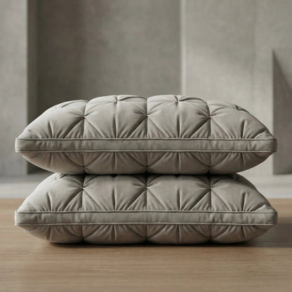 Goose down pillow with breathable cotton cover, designed for all sleep positions, offering soft support and machine washable convenience. 7