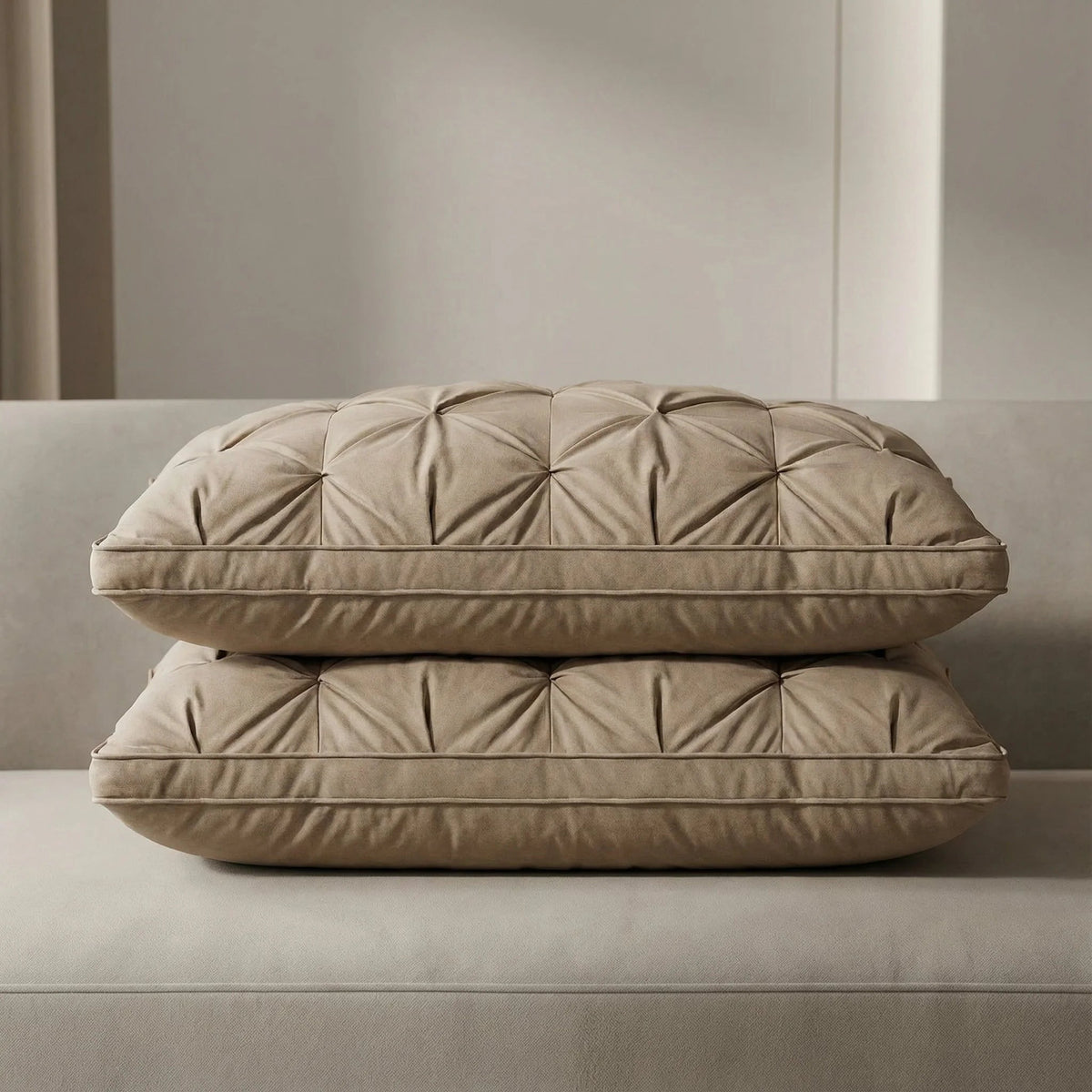 Goose down pillow with breathable cotton cover, designed for all sleep positions, offering soft support and machine washable convenience. 4