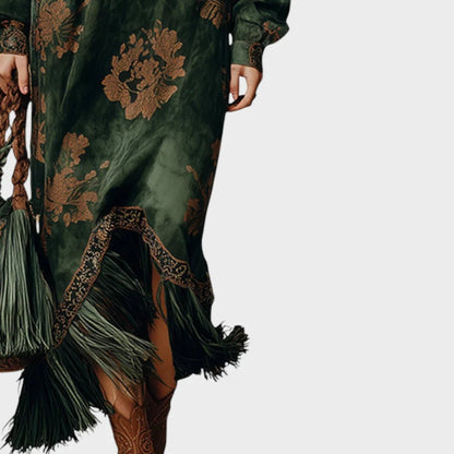 Green maxi dress with V-neckline and retro print, featuring a loose fit and faux suede fabric, perfect for women's casual and stylish summer outfits. 3