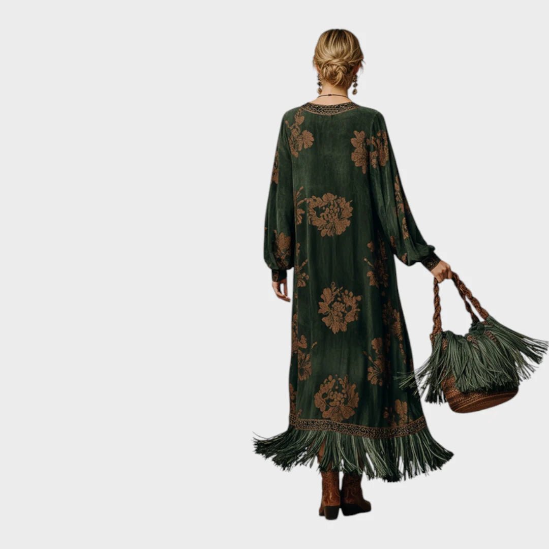 Green maxi dress with V-neckline and retro print, featuring a loose fit and faux suede fabric, perfect for women's casual and stylish summer outfits. 2