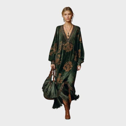 Green maxi dress with V-neckline and retro print, featuring a loose fit and faux suede fabric, perfect for women's casual and stylish summer outfits. 1