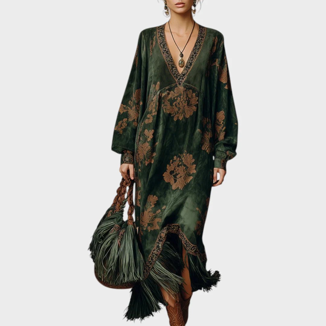 Green maxi dress with V-neckline and retro print, featuring a loose fit and faux suede fabric, perfect for women's casual and stylish summer outfits. 0