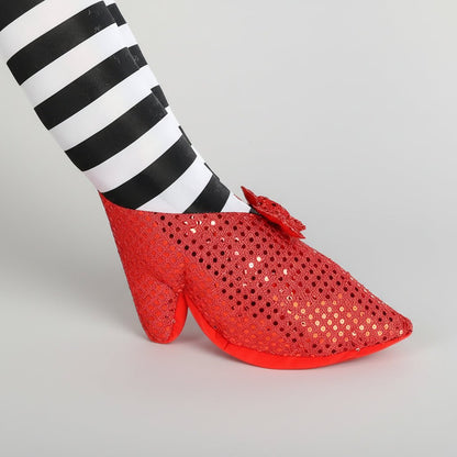 Halloween door stopper featuring whimsical witch legs with a striped design, perfect for festive indoor and outdoor decor. 3