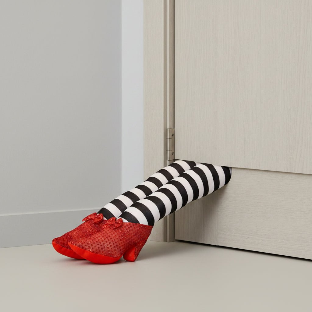 Halloween door stopper featuring whimsical witch legs with a striped design, perfect for festive indoor and outdoor decor. 1