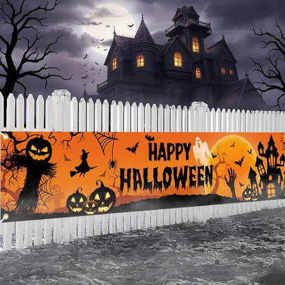 Halloween outdoor banner featuring a vibrant pumpkin and bat design, perfect for festive yard and porch decorations. 4