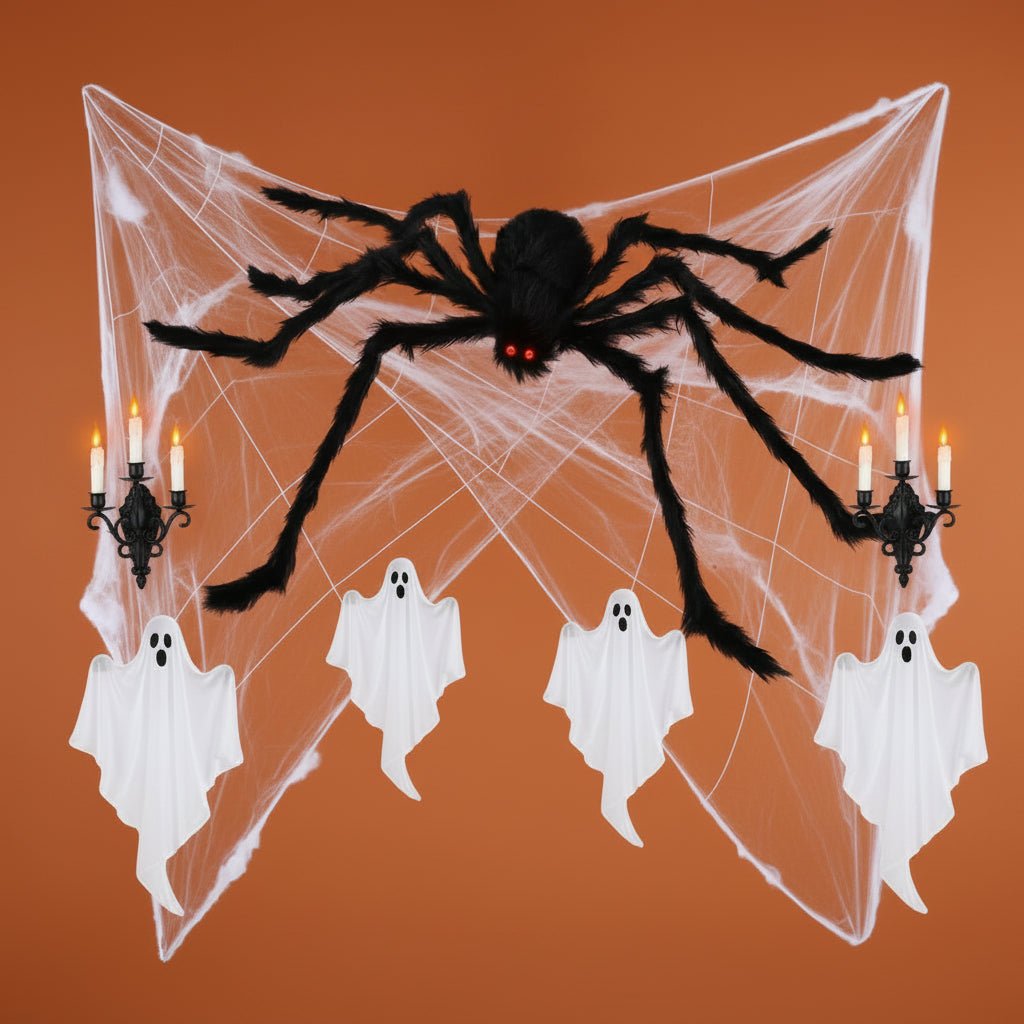 Halloween Spider Web Decoration featuring a Creepy Spider, 200 inches long, perfect for indoor and outdoor spooky decor. 1
