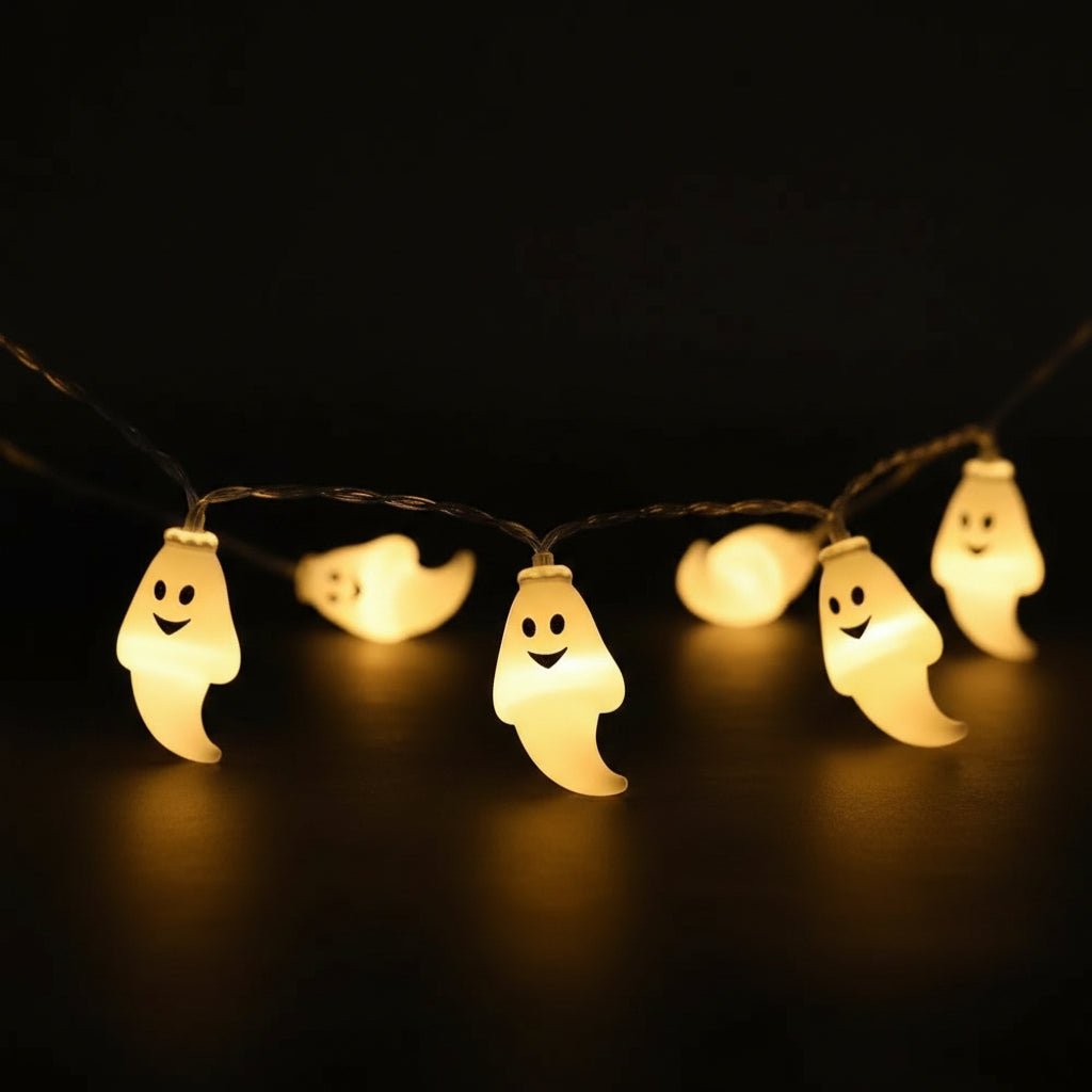 Battery powered Halloween string lights featuring a ghost design, available in warm white or white, measuring 150cm in length. 1