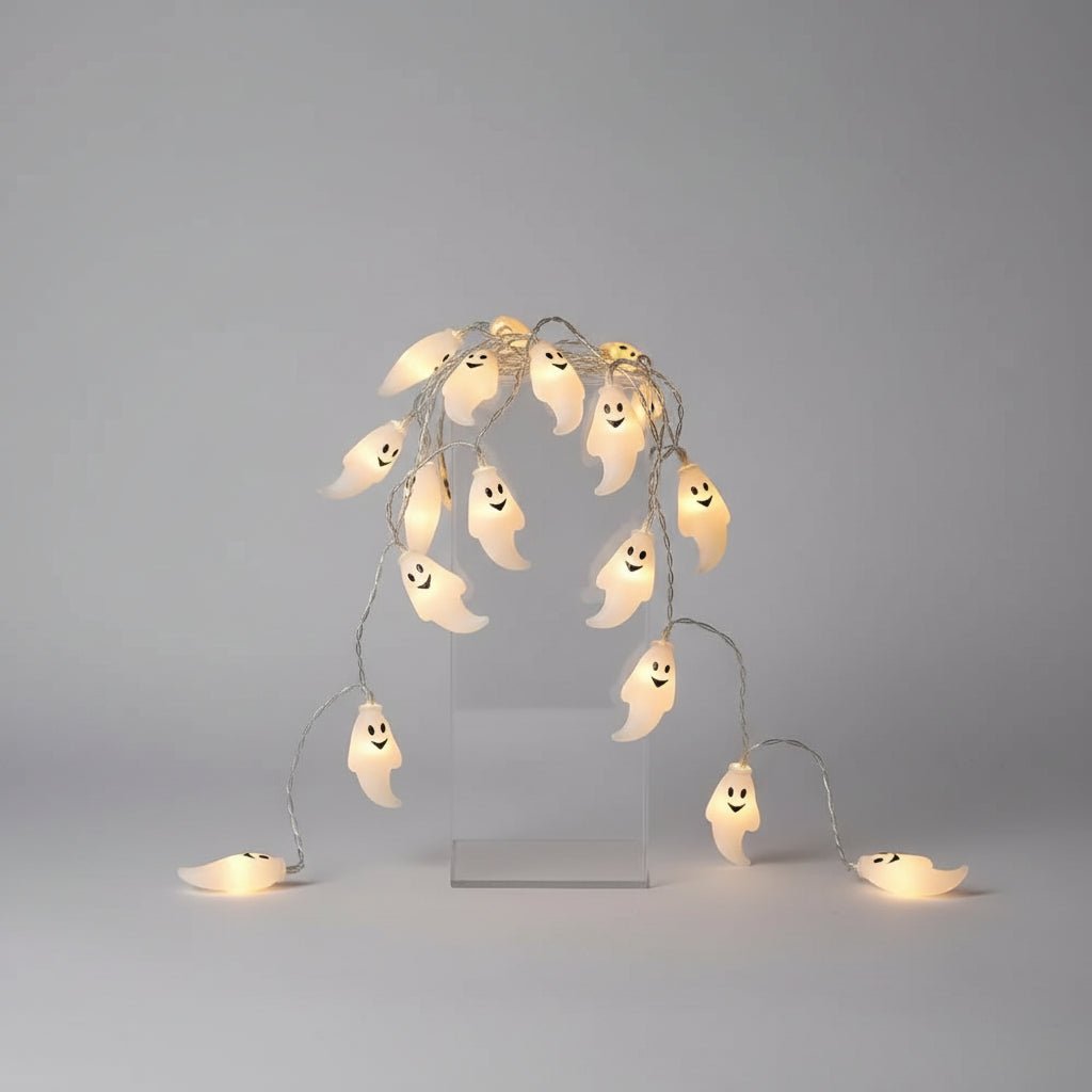 Battery powered Halloween string lights featuring a ghost design, available in warm white or white, measuring 150cm in length. 4