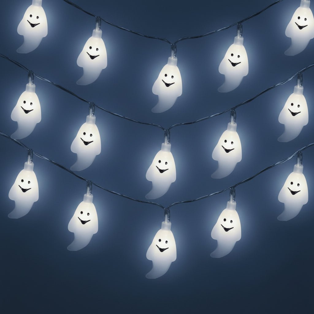 Battery powered Halloween string lights featuring a ghost design, available in warm white or white, measuring 150cm in length. 2