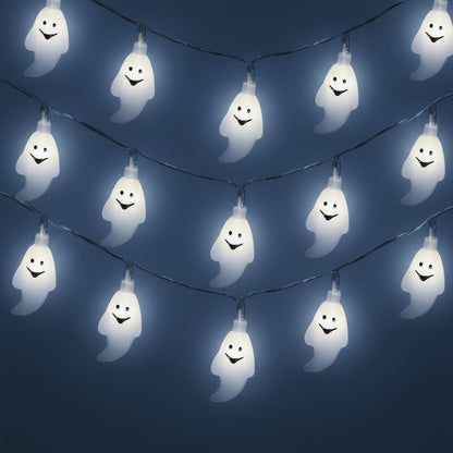 Battery powered Halloween string lights featuring a ghost design, available in warm white or white, measuring 150cm in length. 2