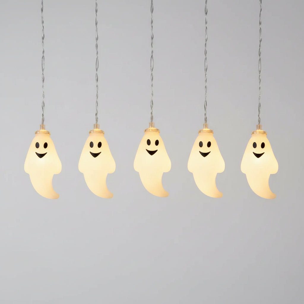 Battery powered Halloween string lights featuring a ghost design, available in warm white or white, measuring 150cm in length. 3