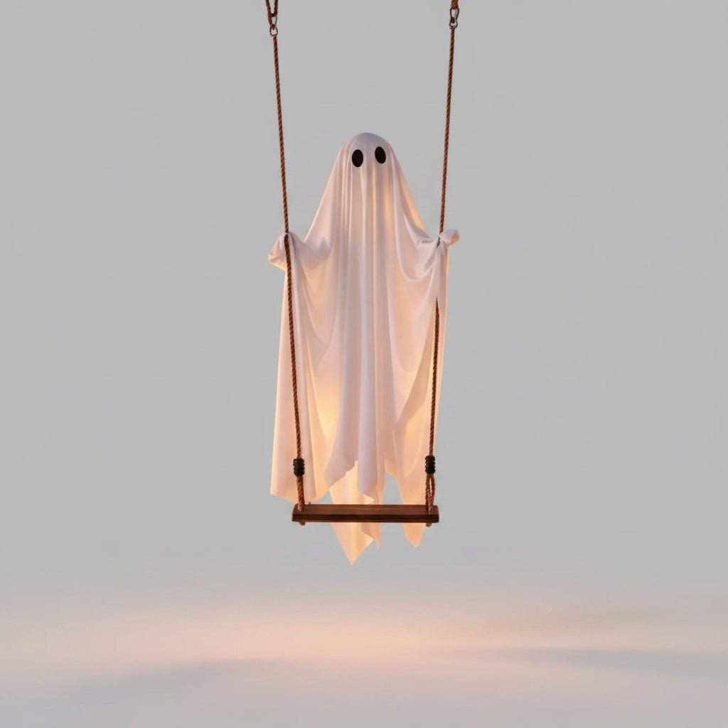 Halloween Swing Ghost Ornament featuring remote-controlled LED lighting, adjustable brightness, and a spooky design for outdoor decoration. 3