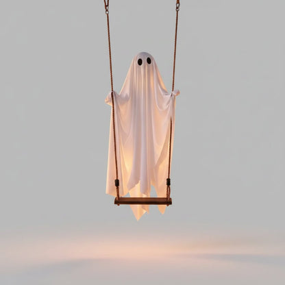 Halloween Swing Ghost Ornament featuring remote-controlled LED lighting, adjustable brightness, and a spooky design for outdoor decoration. 3