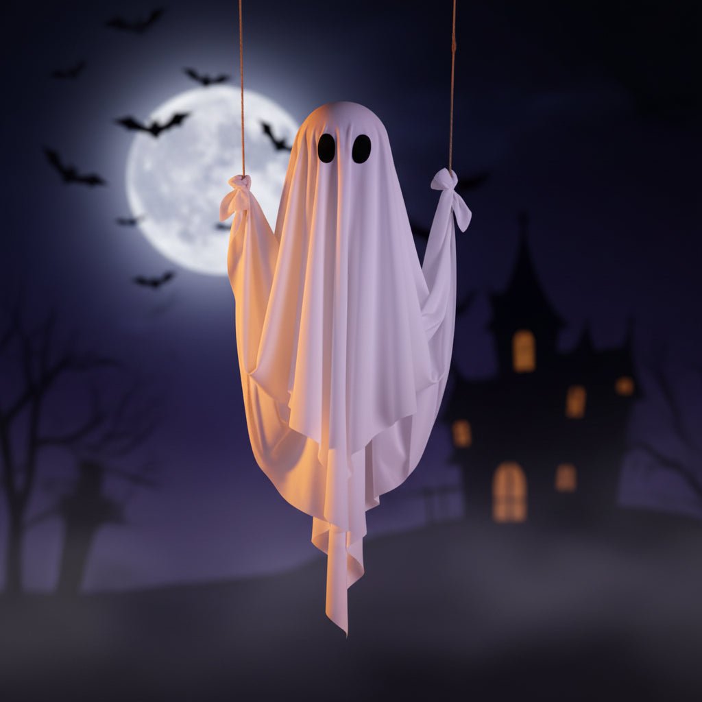 Halloween Swing Ghost Ornament featuring remote-controlled LED lighting, adjustable brightness, and a spooky design for outdoor decoration. 2