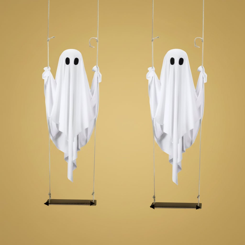 Halloween Swing Ghost Ornament featuring remote-controlled LED lighting, adjustable brightness, and a spooky design for outdoor decoration. 4