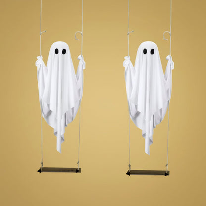 Halloween Swing Ghost Ornament featuring remote-controlled LED lighting, adjustable brightness, and a spooky design for outdoor decoration. 4