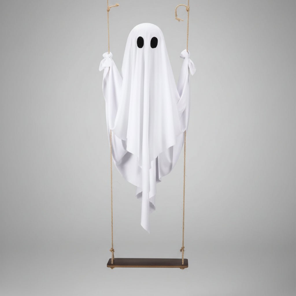 Halloween Swing Ghost Ornament featuring remote-controlled LED lighting, adjustable brightness, and a spooky design for outdoor decoration. 0