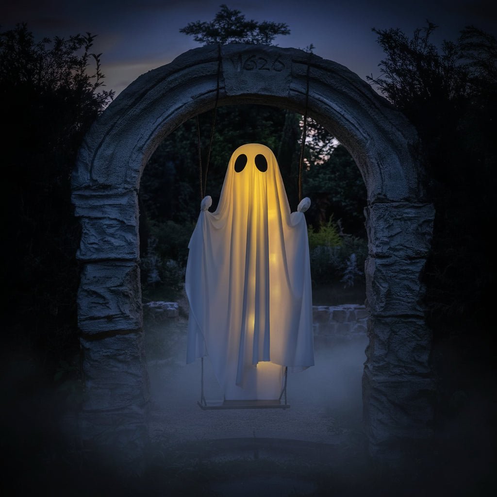 Halloween Swing Ghost Ornament featuring remote-controlled LED lighting, adjustable brightness, and a spooky design for outdoor decoration. 1