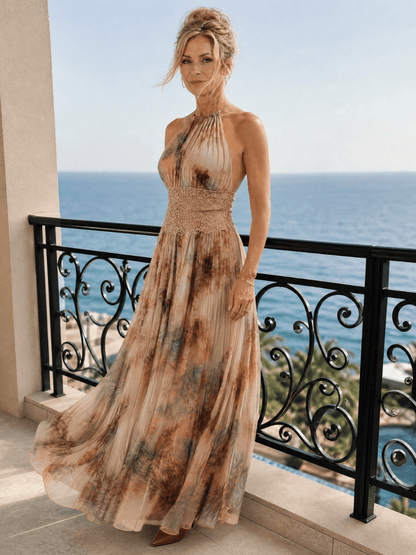 Halter neck maxi dress featuring a delicate lace waist and soft watercolor print, perfect for women seeking a lightweight and flowing long dress for casual or formal occasions 4