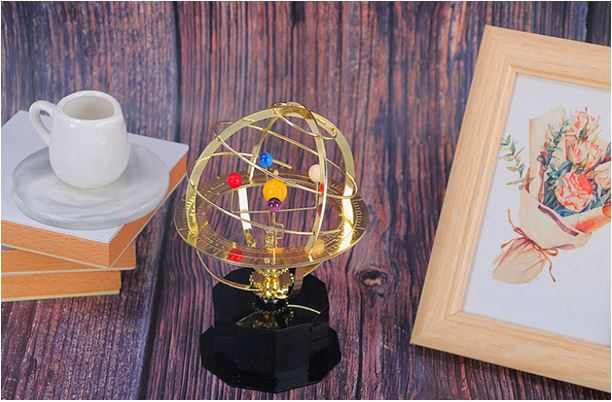Handcrafted Mechanical Orrery Model with Brass Finish showcasing a 5 Planet Solar System replica, featuring intricate gears and planets that rotate elegantly, perfect for educational 0