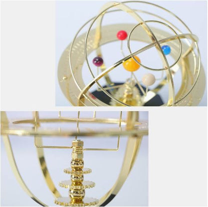 Handcrafted Mechanical Orrery Model with Brass Finish showcasing a 5 Planet Solar System replica, featuring intricate gears and planets that rotate elegantly, perfect for educational 2